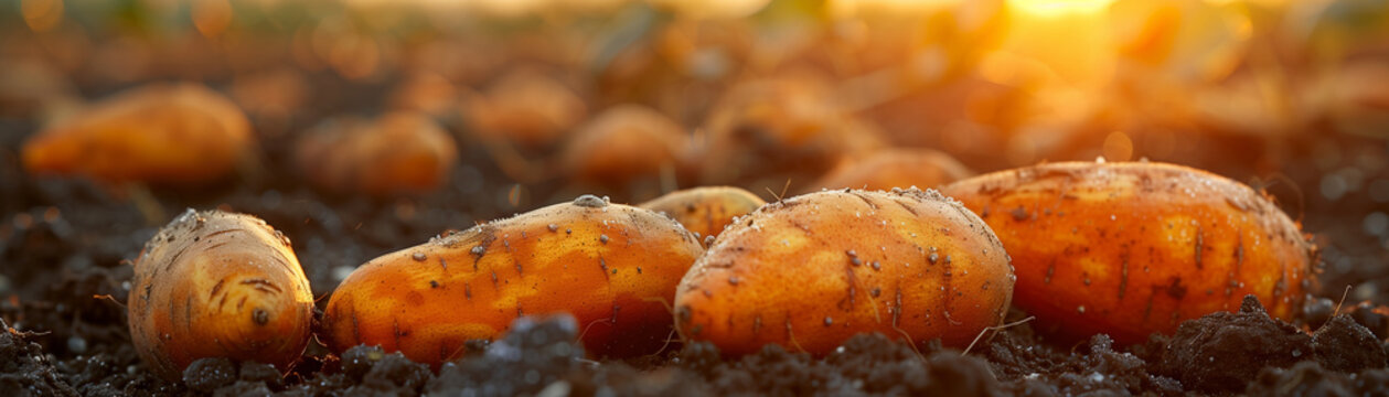 Sweet potato fruits on the ground close up, created with Generative AI technology