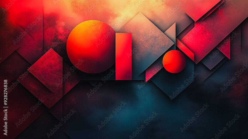 Poster a colorful abstract painting with a red circle in the middle. the painting is full of shapes and col
