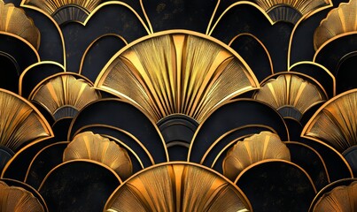 abstract art deco luxury pattern, golden vintage artistic background with geometric shapes, archs and swirls. Linear retro ornament, gatsby, Generative AI