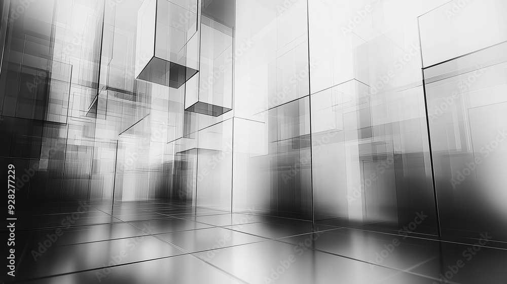 Poster a large room with many cubes and a lot of glass. the room is empty and the cubes are all different s