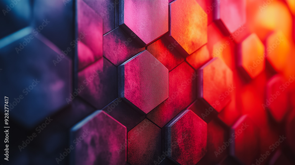 Poster a close up of a wall with a pattern of hexagons in red and blue. the wall is made of concrete and ha