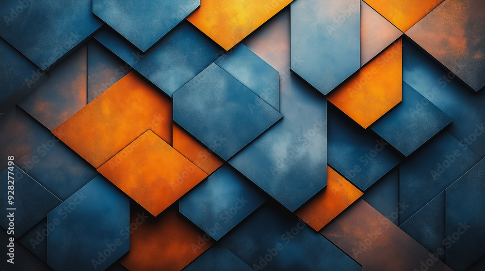 Poster a colorful abstract design with blue and orange squares. the design is made up of many small squares