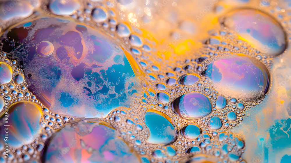 Poster a close-up view of iridescent soap bubbles creates an abstract pattern of colors and textures