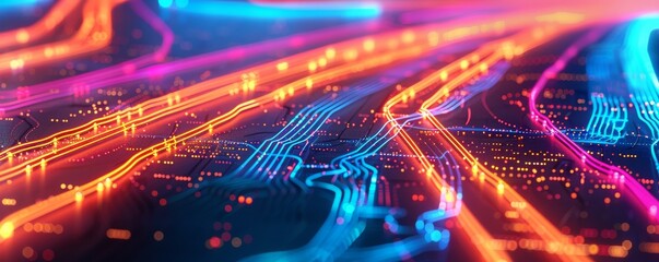 Fototapeta premium Vibrant abstract digital circuitry with luminous lines in blue, pink, and orange, representing technology and innovation.