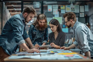 Office setting with team members brainstorming and collaborating on project