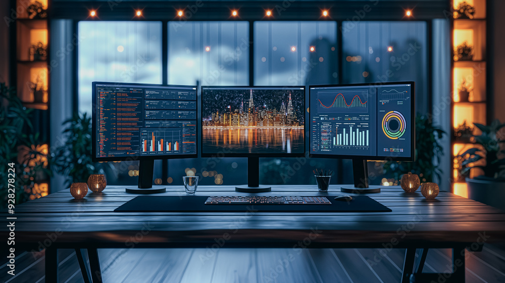 Poster a computer desk with three monitors and a keyboard. the monitors are displaying various graphs and c