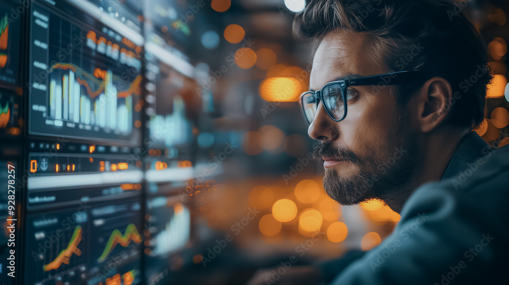 Poster a man is looking at a computer screen with many graphs and numbers. he is wearing glasses and he is 