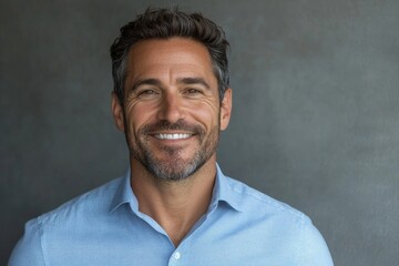 Obraz premium Handsome smiling business man in blue shirt isolated on gray background, Generative AI