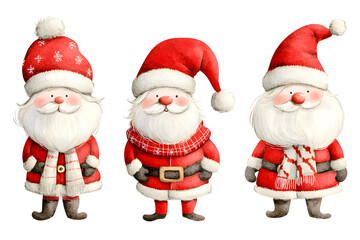 Fototapeta premium Collection of funny watercolor cartoon Santa. Santa Claus Christmas and New Year set isolated on white background