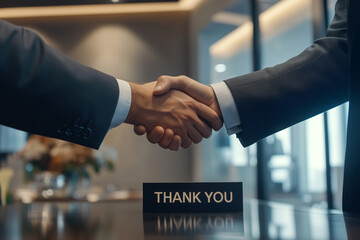 Businessmen Shaking Hands Over Thank You Sign in Modern Office Setting