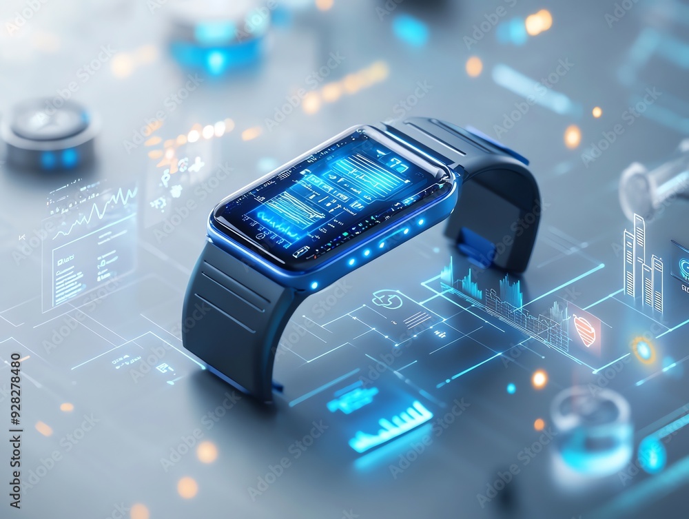 Poster futuristic smartwatch with interface.