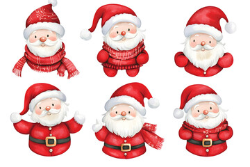 Collection of funny watercolor cartoon Santa. Santa Claus Christmas and New Year set isolated on white background