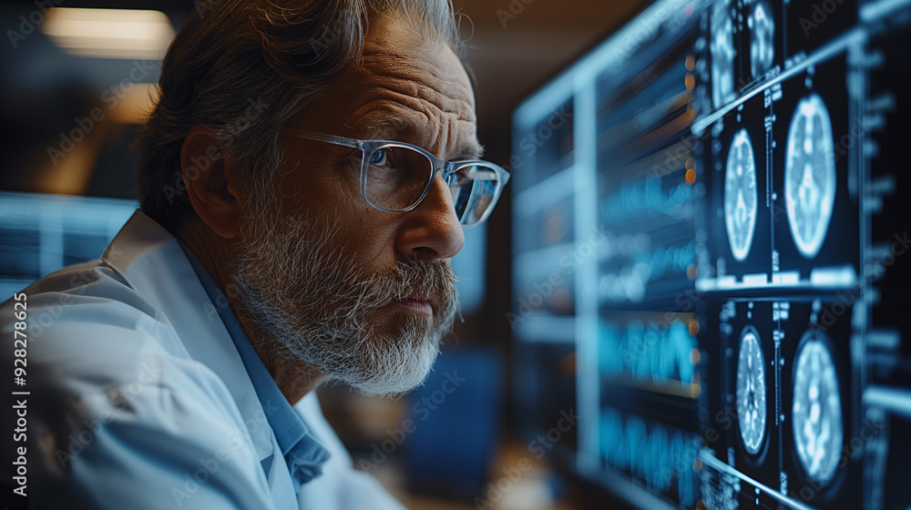 Poster a man in a white lab coat is looking at a computer monitor displaying a series of brain scans