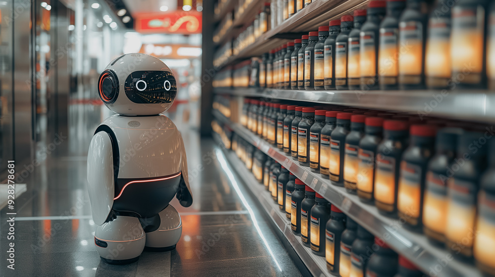 Poster a robot is standing in front of a shelf full of bottles. the robot is white and has a black belt