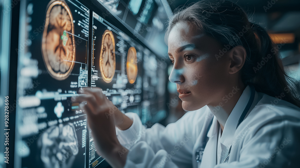 Poster a woman is looking at a computer screen with a medical image of a brain. she is pointing at a spot o