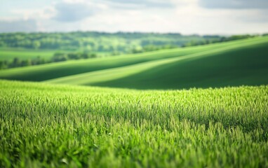 Obraz premium Rolling Green Fields Under a Cloudy Sky