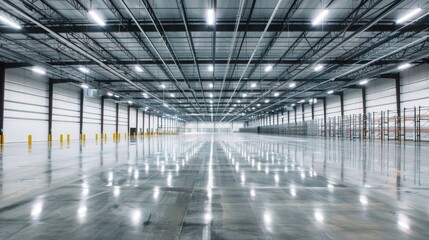 A clean, empty warehouse featuring high-tech infrastructure and bright, clear lighting. The polished floors and organized space emphasize its modernity.