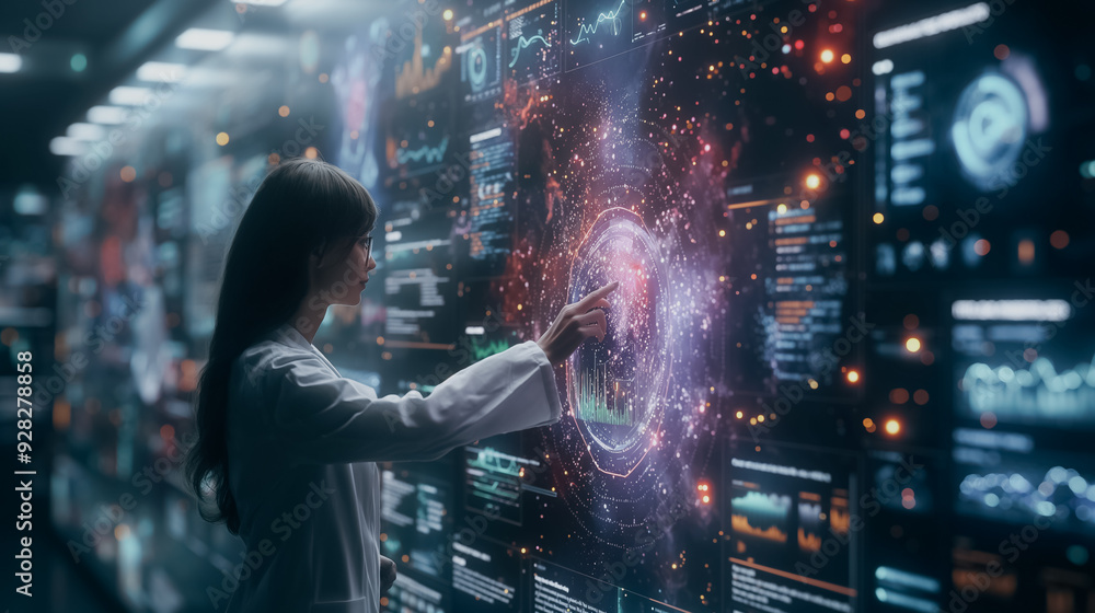 Poster a woman is touching a computer screen with her finger. the screen is filled with various graphs and 