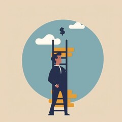 Improvement or career growth, stairway to success, growing income or improve skill to achieve business target concept, confidence businessman step walking up stair of success.