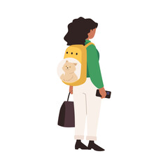 Vector illustration a girl standing with her back to a backpack with a cat inside