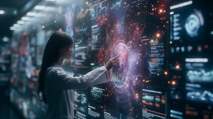 A woman is touching a computer screen with her finger. The screen is filled with various graphs and numbers. The woman is focused on the screen, possibly analyzing data or making a decision