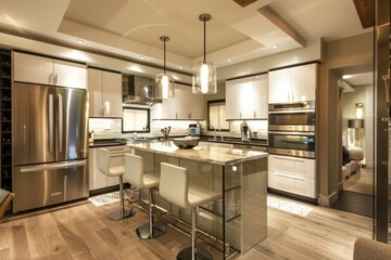 Contemporary kitchen with a breakfast bar, high-end appliances, and modern decor