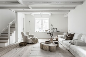 Cozy white living area with minimal furniture, comfortable seating, and natural light
