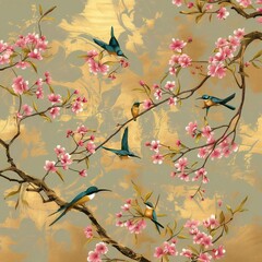 birds on a branch painting in chinoiseries style. brass background	