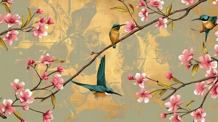 birds on a branch painting in chinoiseries style. brass background	