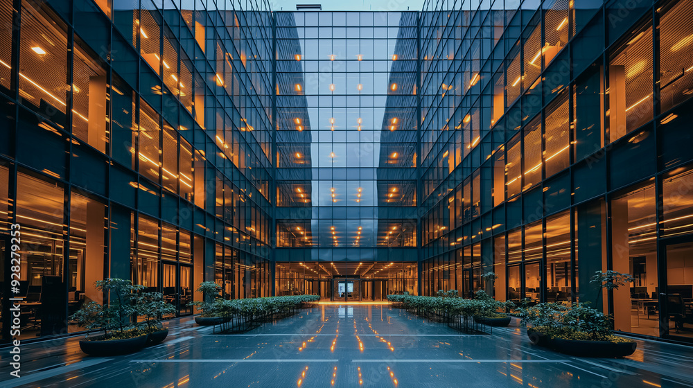 Poster a large glass building with a courtyard in the middle. the courtyard is lit up with lights and has a