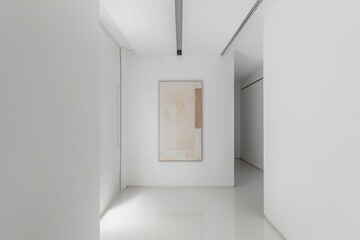 Minimal white interior hallway with clean white walls and a single piece of abstract art.