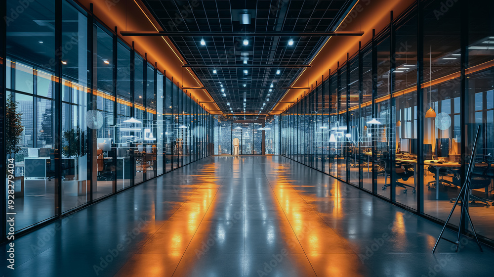 Poster a large, empty office building with a lot of windows and a lot of light. the space is very open and 
