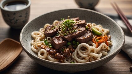 Japanese udon noodles served with beef on a vibrant copy space image.