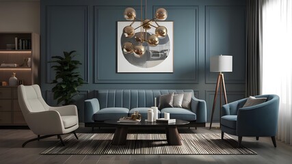 A living room with a couch a table and a lamp