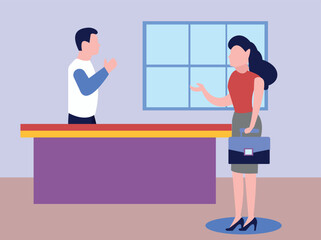The girl is talking to the receptionist.