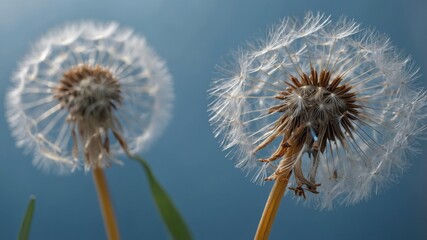 Close-up of dandelion seeds with soft blue background.