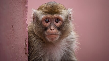 Monkey peeking through a hole in a pink wall, close-up Cute animal concept.