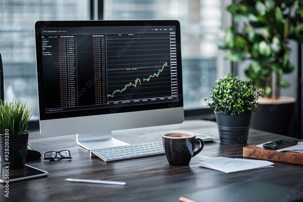 Poster an overhead shot of a desk with a computer displaying a stock market dashboard, a cup of coffee, and