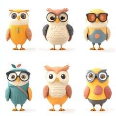 Obraz premium A collection of cute, cartoonish owls with various colors and accessories.
