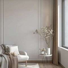 Aesthetic elegant classic interior design. Clear mock up empty wall for decoration in the apartment. Copy space in the room with moldings. Neutral palette of natural colors.