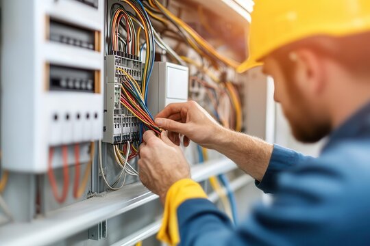 An electrician installing wiring in a new home, with cables, switches, and electrical panels in view