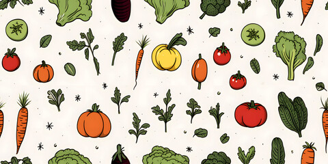 Fototapeta premium Seamless Minimalist Vibrant Hand-Drawn Pattern of Fresh Fruits and Vegetables. Tile Background for Packaging, Fabric, Textile, Decor, Wrap, and Fashion. Seamless Textile Fabric Design.