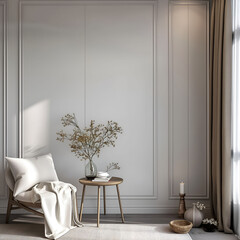 Aesthetic elegant classic interior design. Clear mock up empty wall for decoration in the apartment. Copy space in the room with moldings. Neutral palette of natural colors.