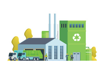 Obraz premium Green waste recycling plant. Modern flat style, Eco factory illustration. Dump truck and waste management building.