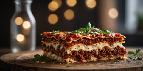 a piece of delicious lasagne on a wooden plate - food close-up.