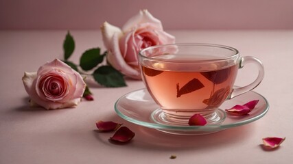 Fototapeta premium Glass cup of rose herbal tea on a saucer with rose petals on a pink background Aromatherapy and relaxation concept.