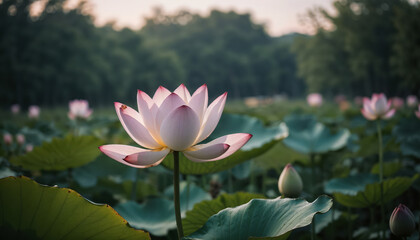 Obraz premium Beautiful pink flower with green leaves in the pond