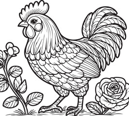 Chicken lineart coloring book illustration