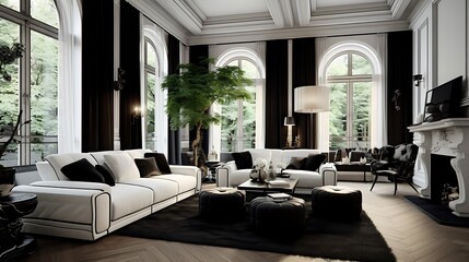 Living room in sophisticated black and white