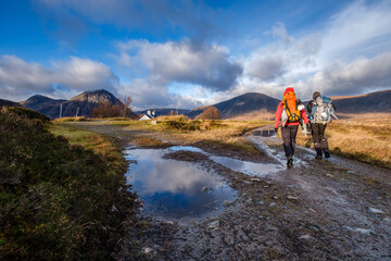 Obraz premium Hikers on a trek, Glen Coe Valley, Lochaber Geopark, Highlands, Scotland, United Kingdom